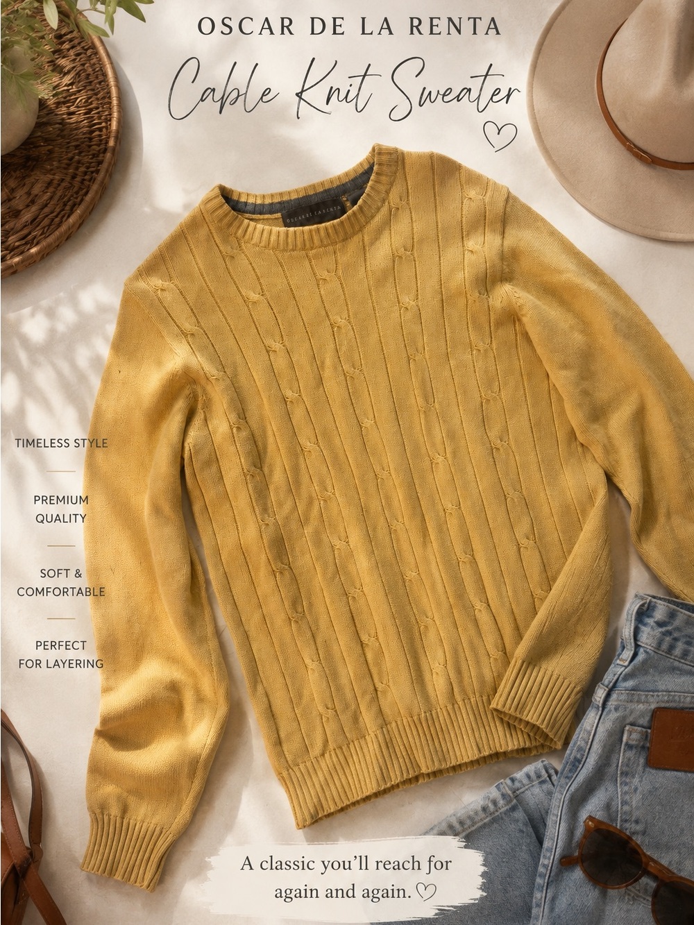 Oscar de la Renta Yellow Cable-Knit Crewneck Sweater